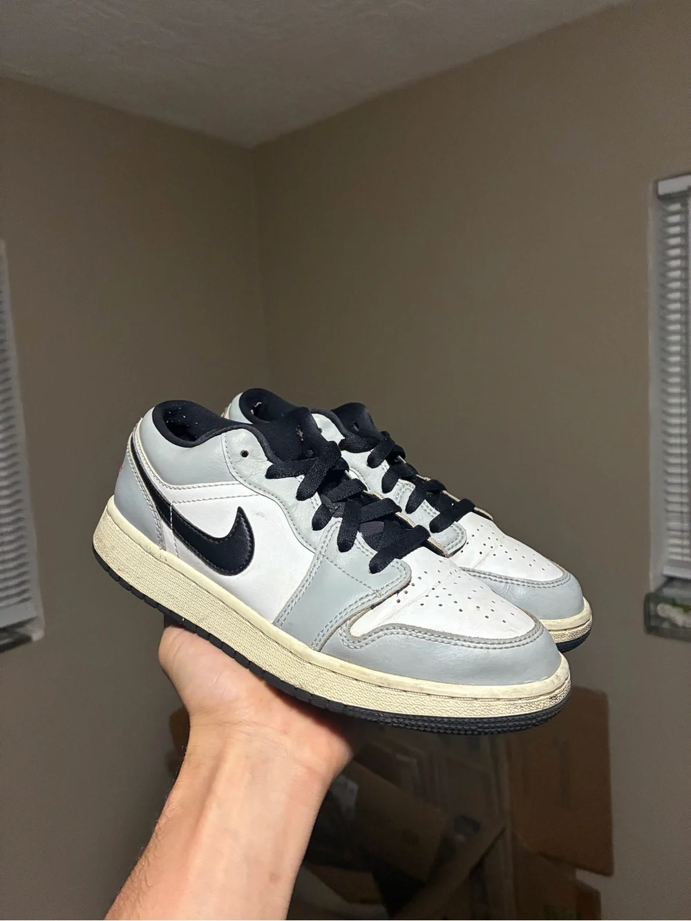 Jordan 1 Low-Top Leather Sneakers in White and Gray with Black Accents size 5.5y